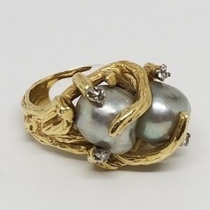 Vintage 14k Gold South Sea Pearl and Diamond Ring
